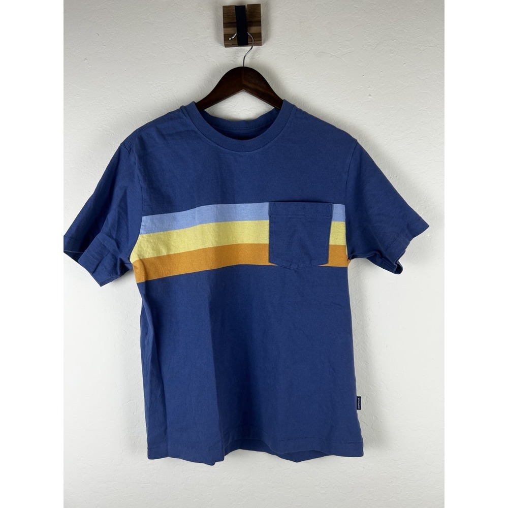 Patagonia Men's M Regular Fit Blue Striped Pocket Logo Crew Neck T-Shirt